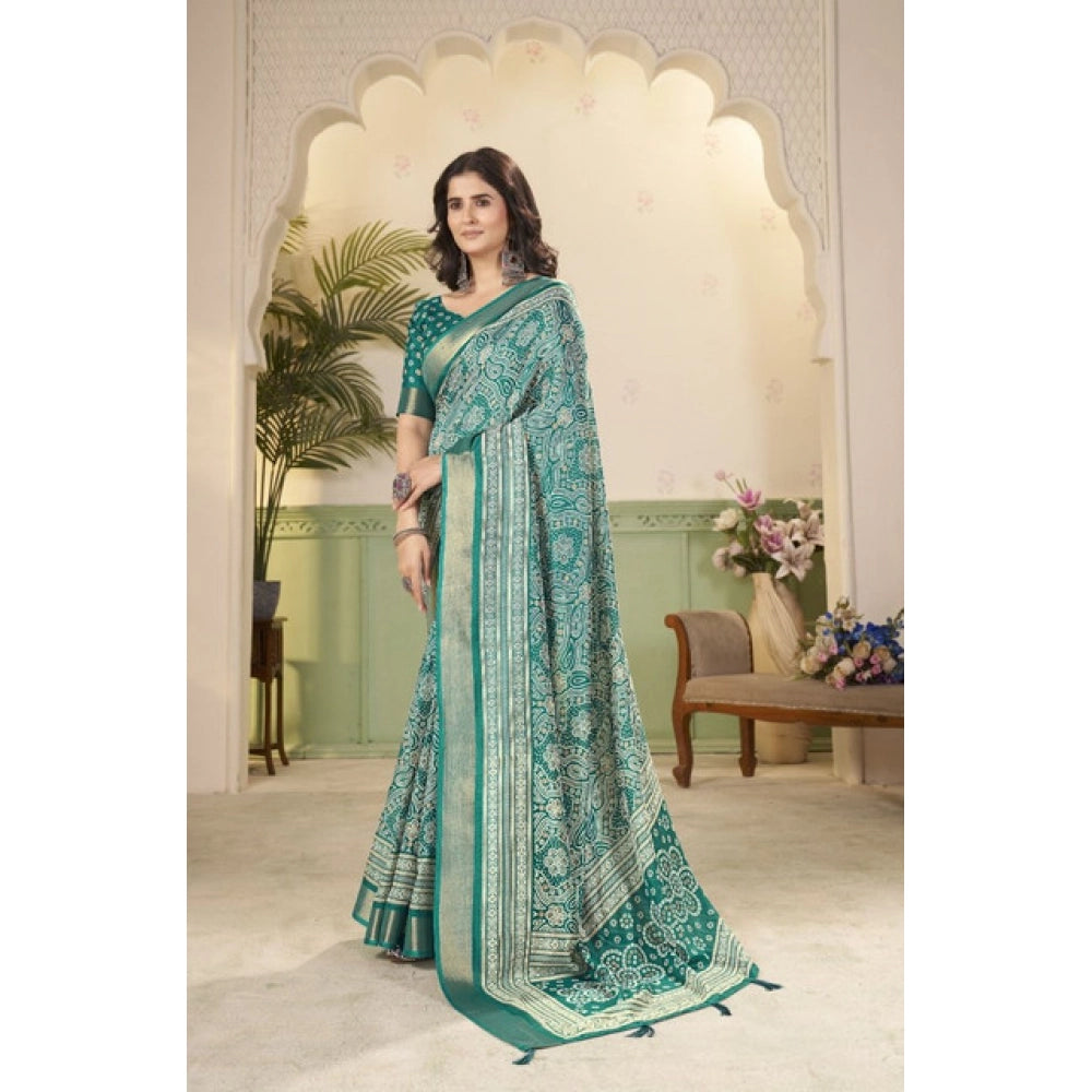 Amfyn Women's Cotton Silk Floral Printed Saree With Unstitched Blouse 5.5Mtr (Teal)
