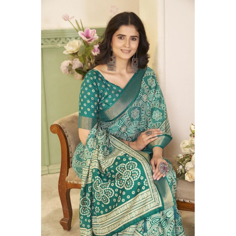 Amfyn Women's Cotton Silk Floral Printed Saree With Unstitched Blouse 5.5Mtr (Teal)