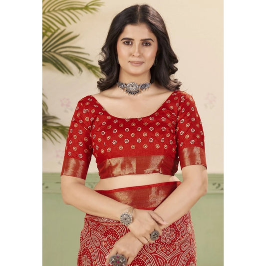 Amfyn Women's Cotton Silk Floral Printed Saree With Unstitched Blouse 5.5Mtr (Red)