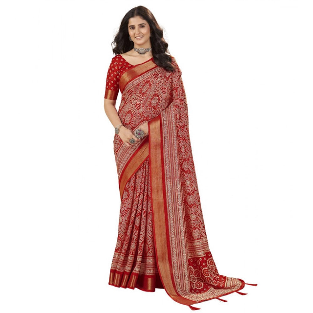 Amfyn Women's Cotton Silk Floral Printed Saree With Unstitched Blouse 5.5Mtr (Red)