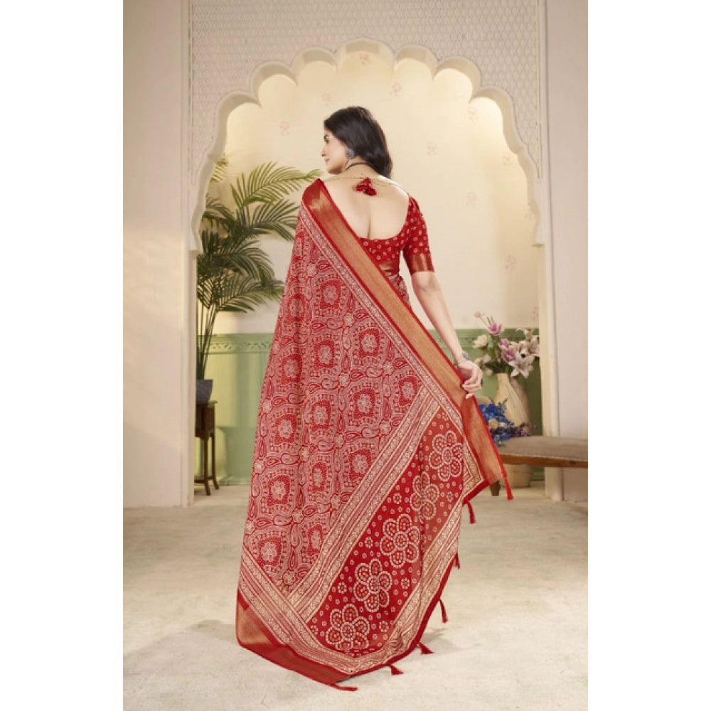 Amfyn Women's Cotton Silk Floral Printed Saree With Unstitched Blouse 5.5Mtr (Red)