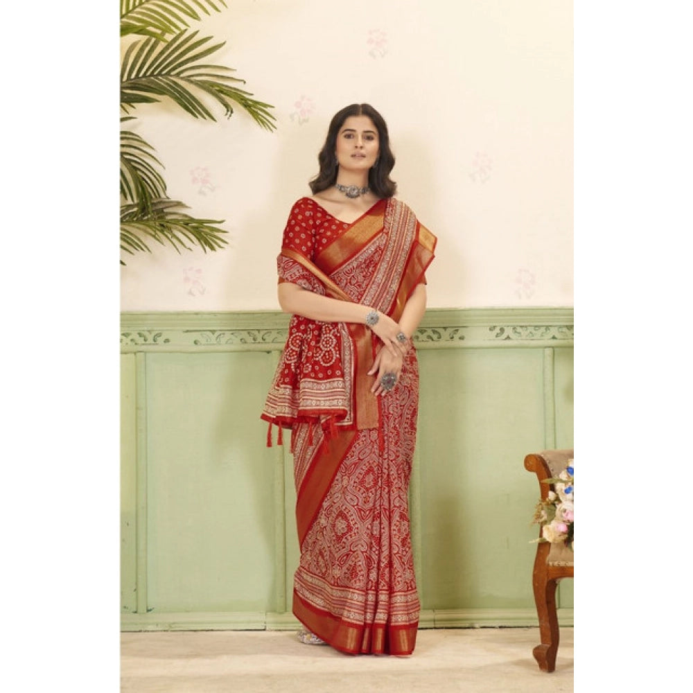 Amfyn Women's Cotton Silk Floral Printed Saree With Unstitched Blouse 5.5Mtr (Red)
