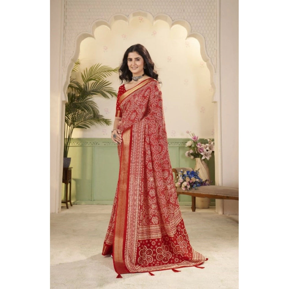 Amfyn Women's Cotton Silk Floral Printed Saree With Unstitched Blouse 5.5Mtr (Red)