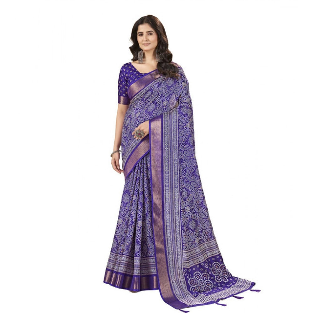 Amfyn Women's Cotton Silk Floral Printed Saree With Unstitched Blouse 5.5Mtr (Royal Blue)