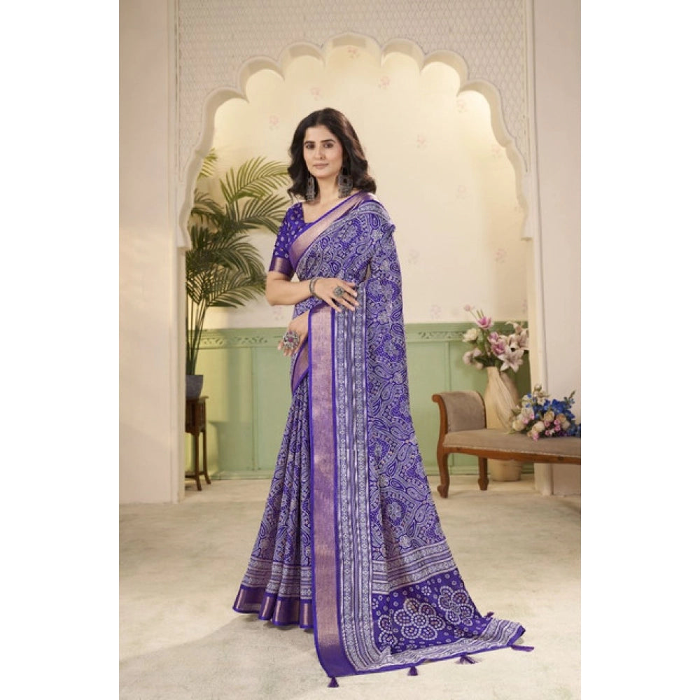 Amfyn Women's Cotton Silk Floral Printed Saree With Unstitched Blouse 5.5Mtr (Royal Blue)