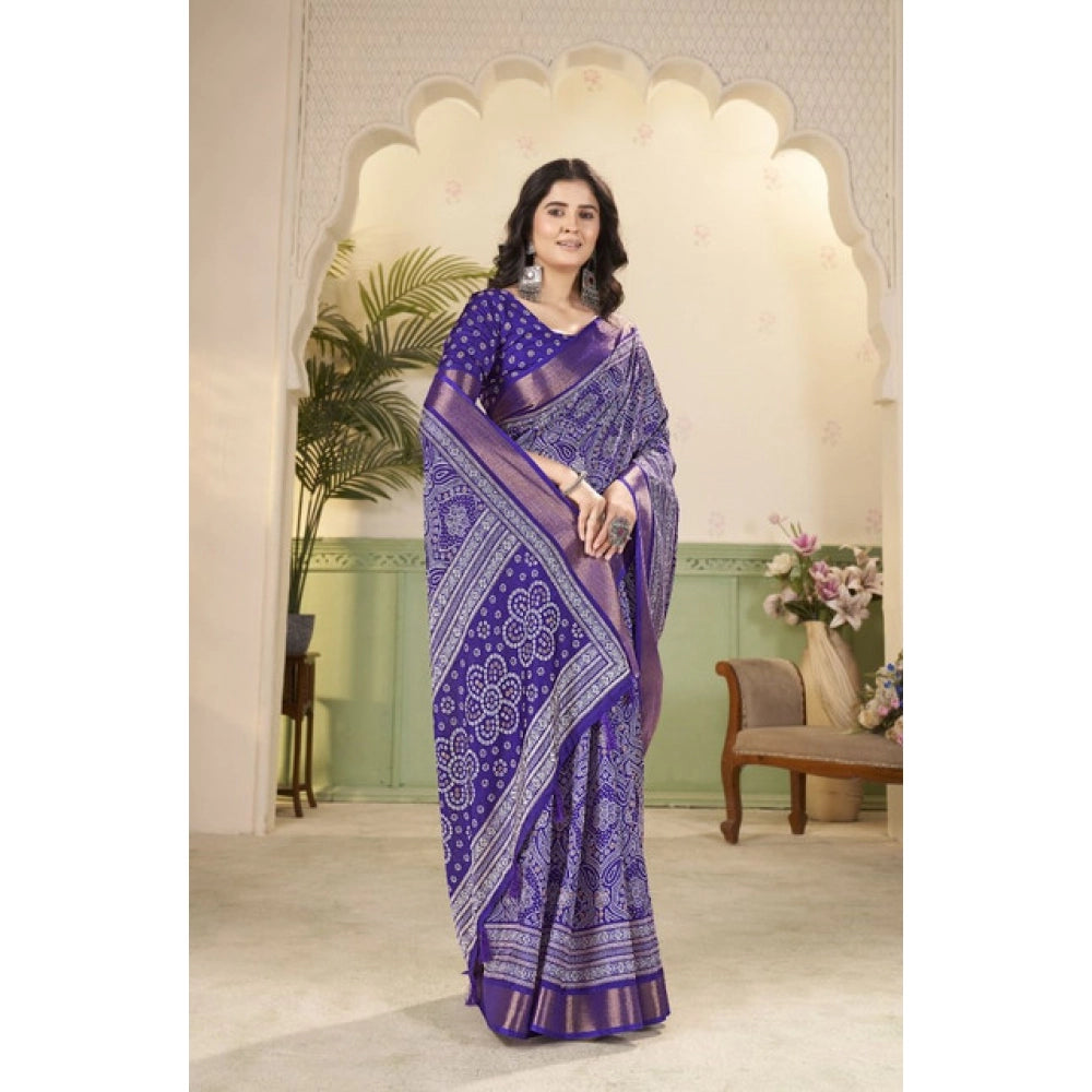 Amfyn Women's Cotton Silk Floral Printed Saree With Unstitched Blouse 5.5Mtr (Royal Blue)