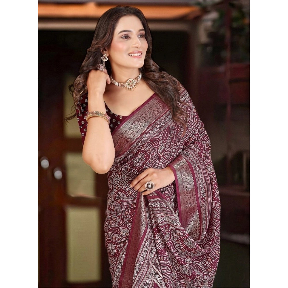 Amfyn Women's Cotton Silk Floral Printed Saree With Unstitched Blouse 5.5Mtr (Maroon)