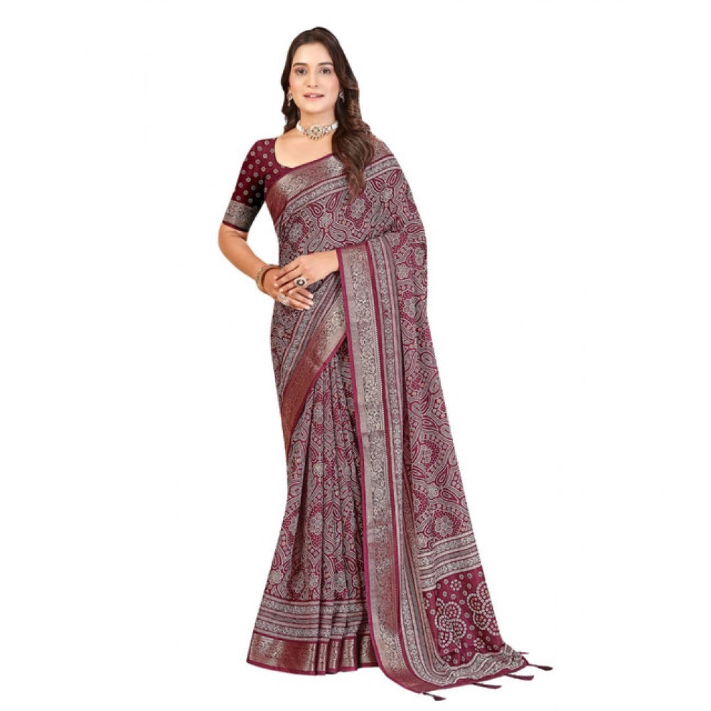 Amfyn Women's Cotton Silk Floral Printed Saree With Unstitched Blouse 5.5Mtr (Maroon)