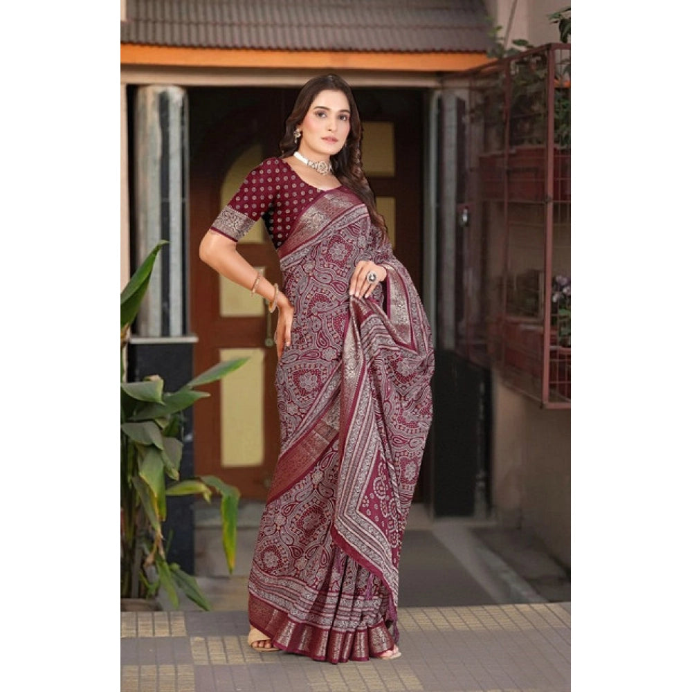 Amfyn Women's Cotton Silk Floral Printed Saree With Unstitched Blouse 5.5Mtr (Maroon)