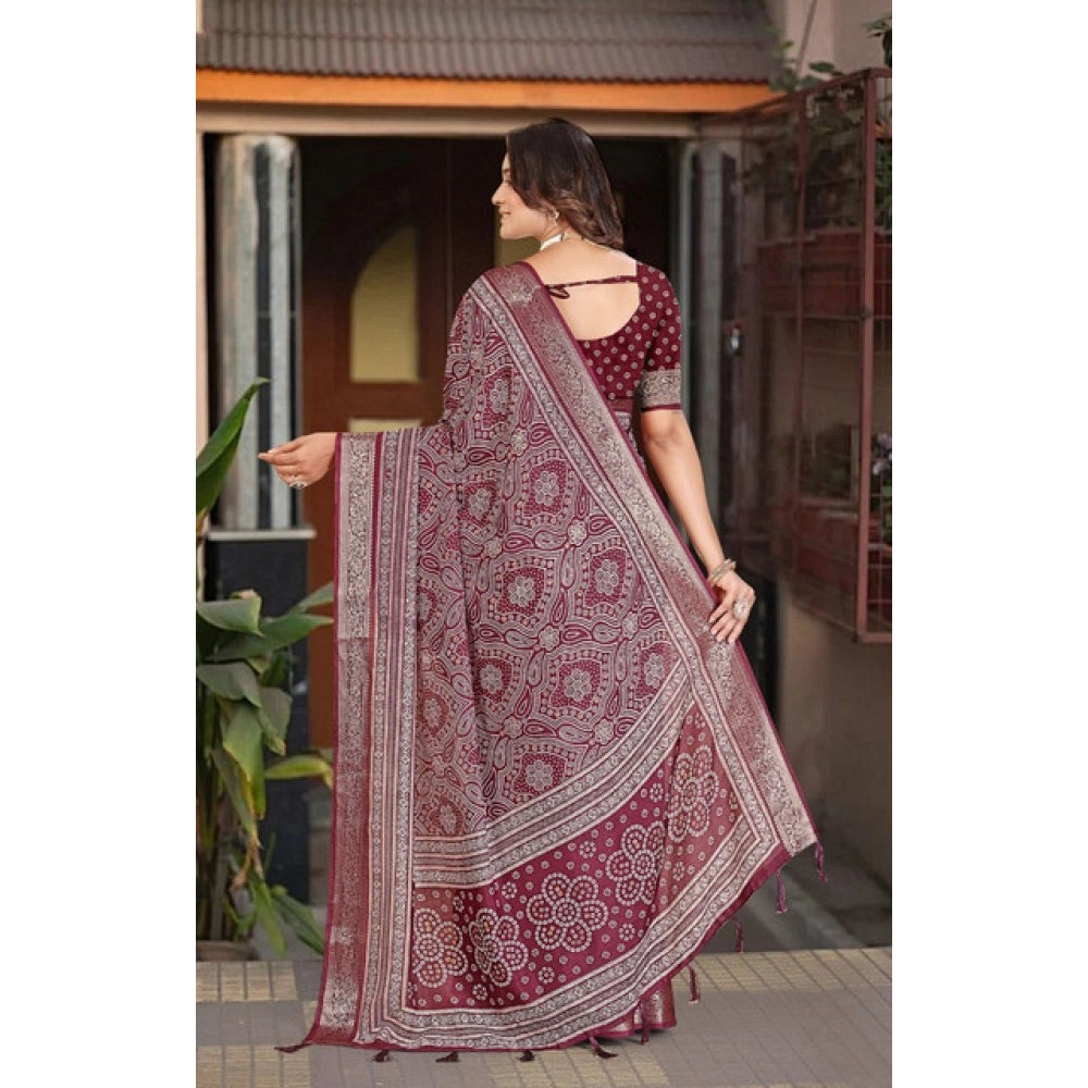 Amfyn Women's Cotton Silk Floral Printed Saree With Unstitched Blouse 5.5Mtr (Maroon)