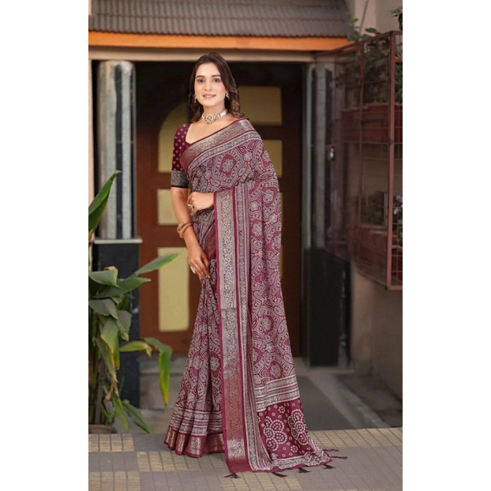 Amfyn Women's Cotton Silk Floral Printed Saree With Unstitched Blouse 5.5Mtr (Maroon)