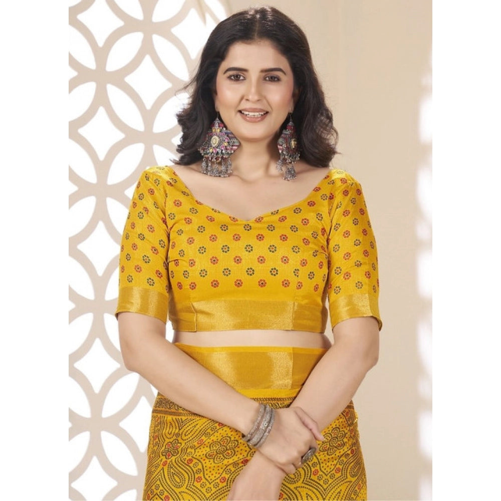 Amfyn Women's Cotton Silk Floral Printed Saree With Unstitched Blouse 5.5Mtr (Yellow)