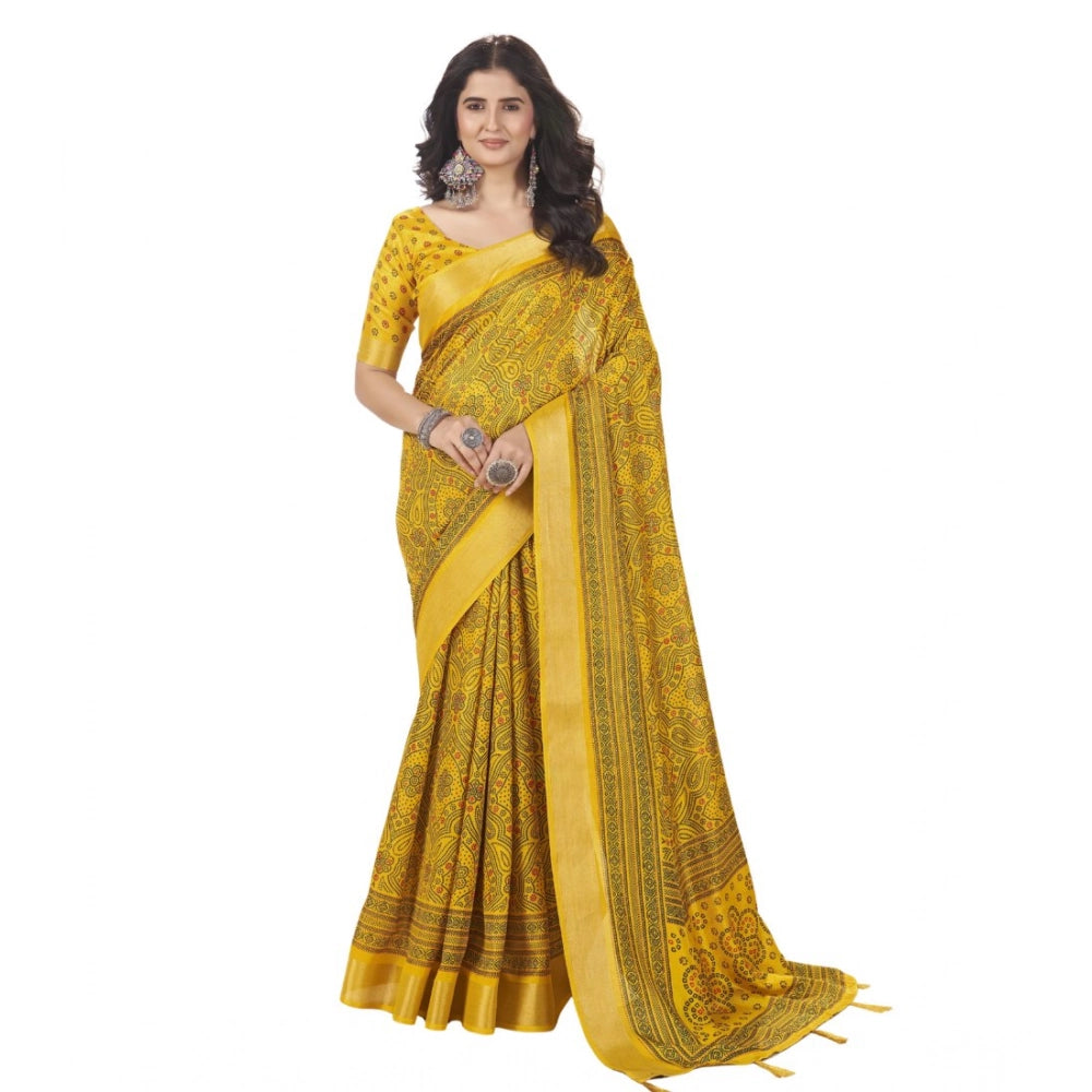 Amfyn Women's Cotton Silk Floral Printed Saree With Unstitched Blouse 5.5Mtr (Yellow)