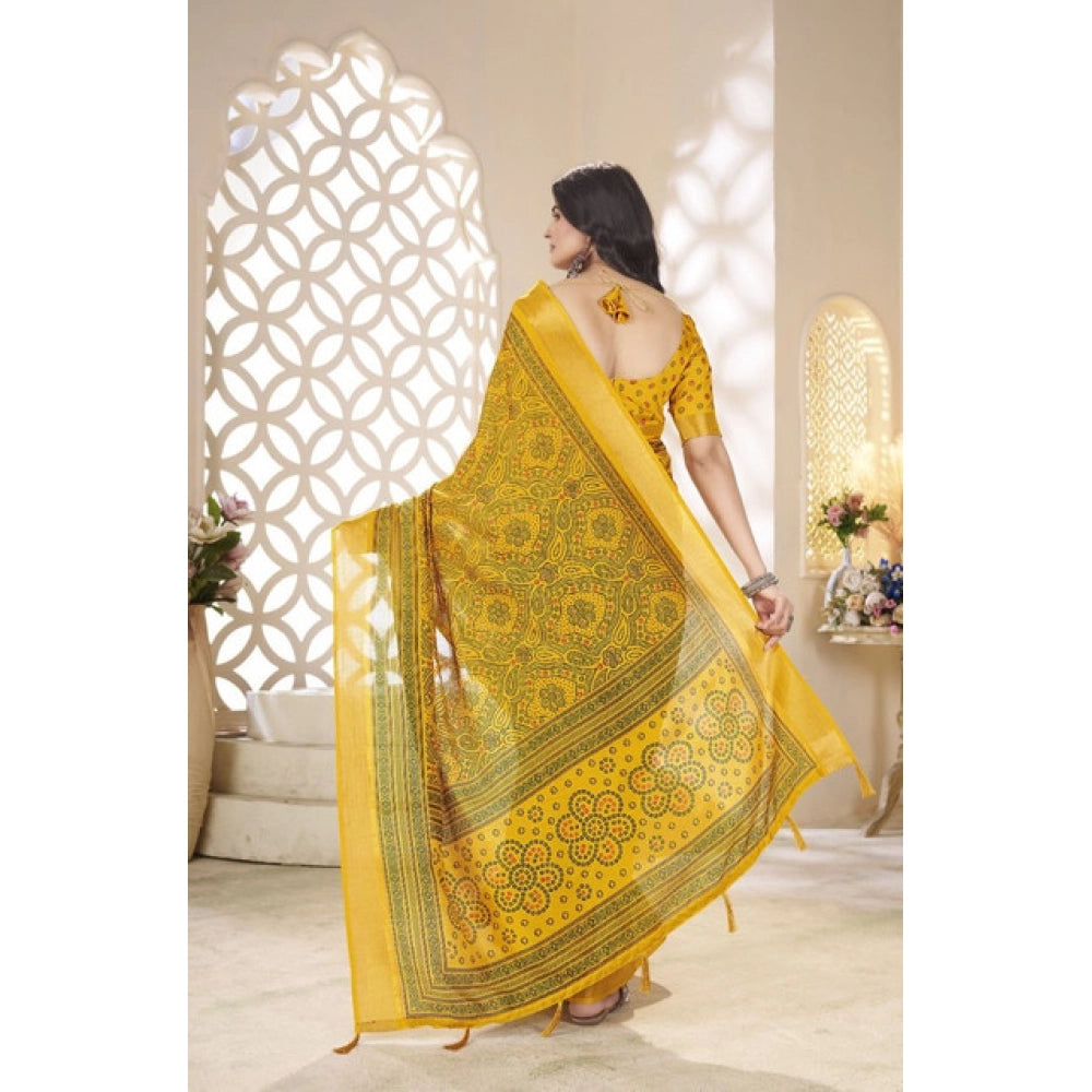 Amfyn Women's Cotton Silk Floral Printed Saree With Unstitched Blouse 5.5Mtr (Yellow)