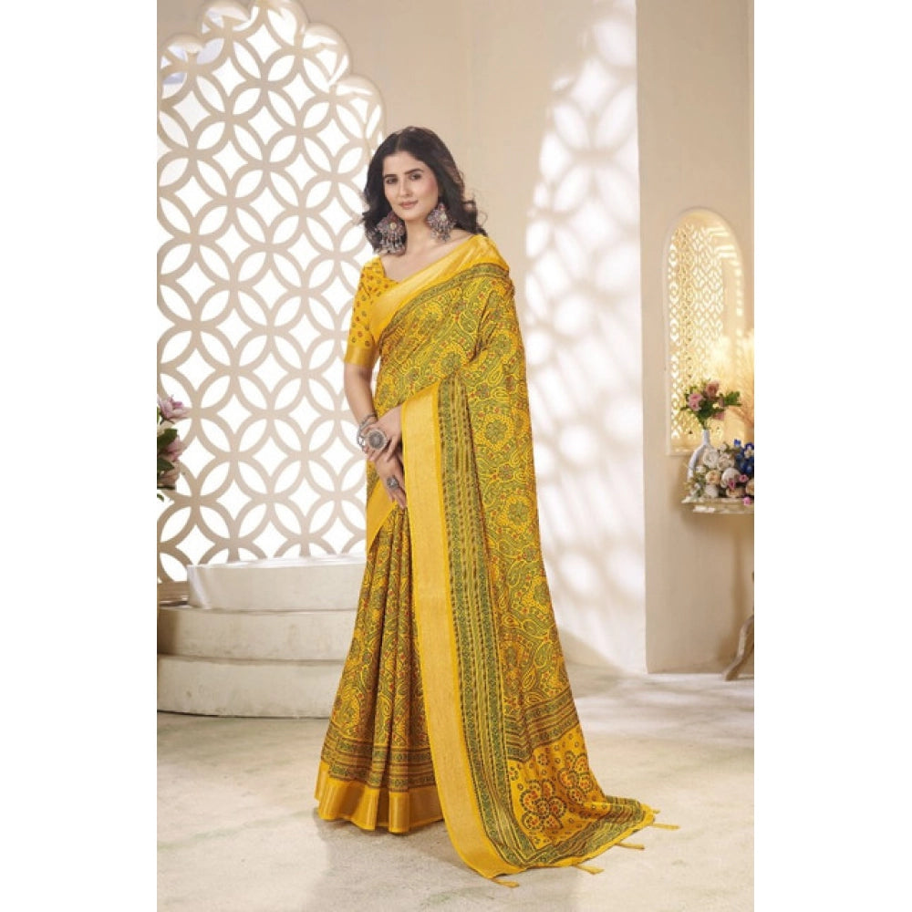Amfyn Women's Cotton Silk Floral Printed Saree With Unstitched Blouse 5.5Mtr (Yellow)