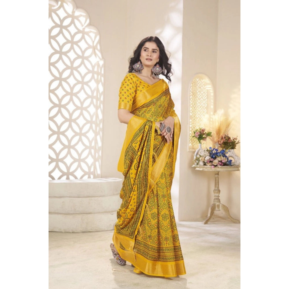 Amfyn Women's Cotton Silk Floral Printed Saree With Unstitched Blouse 5.5Mtr (Yellow)