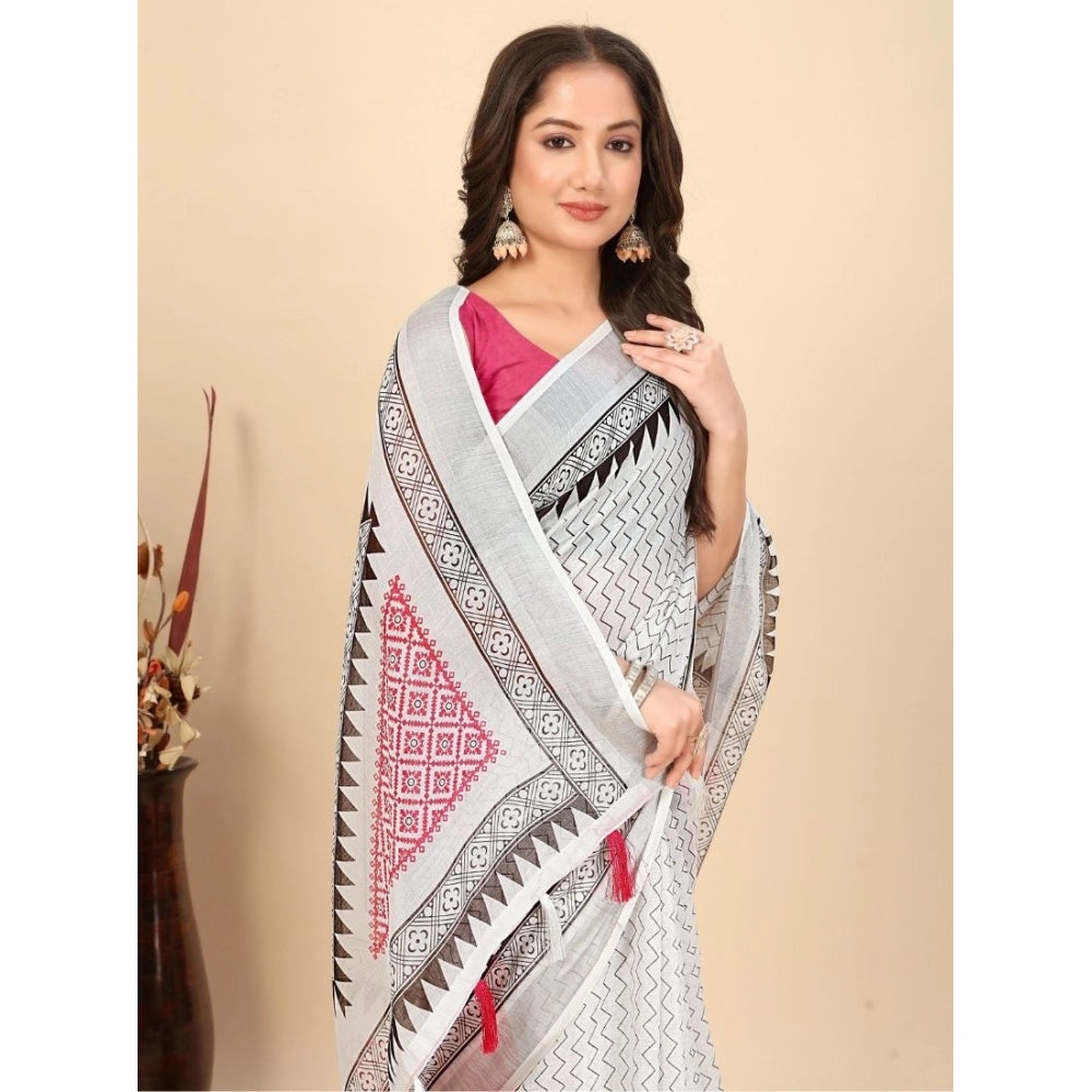 Amfyn Women's Linen Printed Saree With Unstitched Blouse 5.5Mtr (Multicolor)