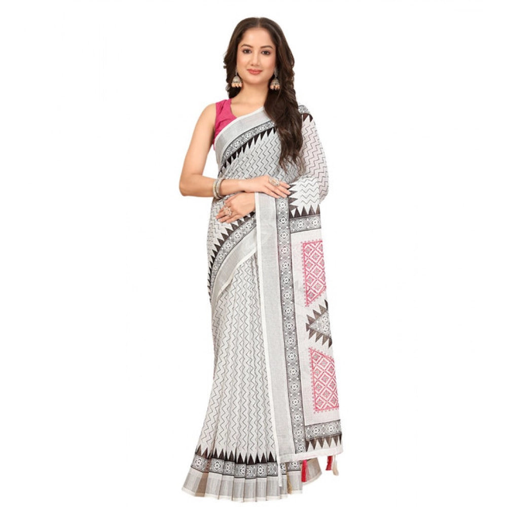 Amfyn Women's Linen Printed Saree With Unstitched Blouse 5.5Mtr (Multicolor)