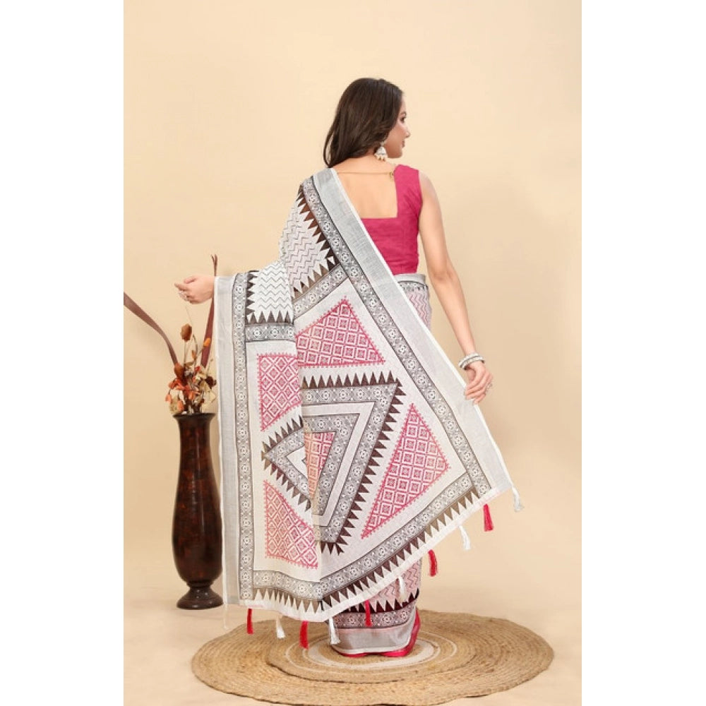 Amfyn Women's Linen Printed Saree With Unstitched Blouse 5.5Mtr (Multicolor)