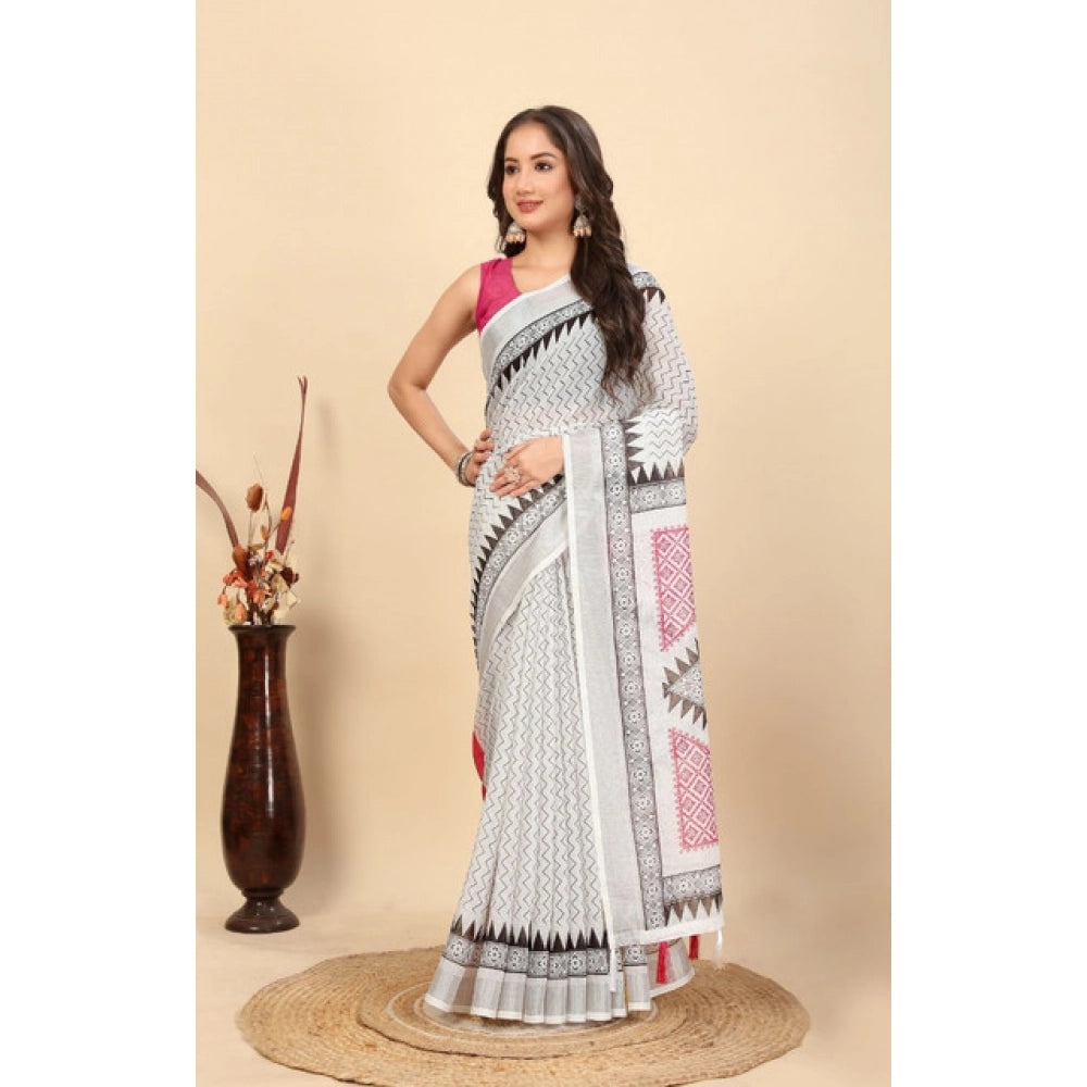 Amfyn Women's Linen Printed Saree With Unstitched Blouse 5.5Mtr (Multicolor)
