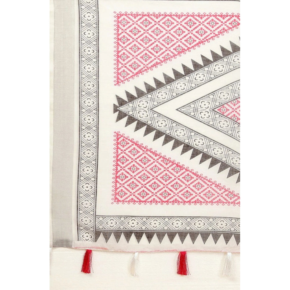 Amfyn Women's Linen Printed Saree With Unstitched Blouse 5.5Mtr (Multicolor)