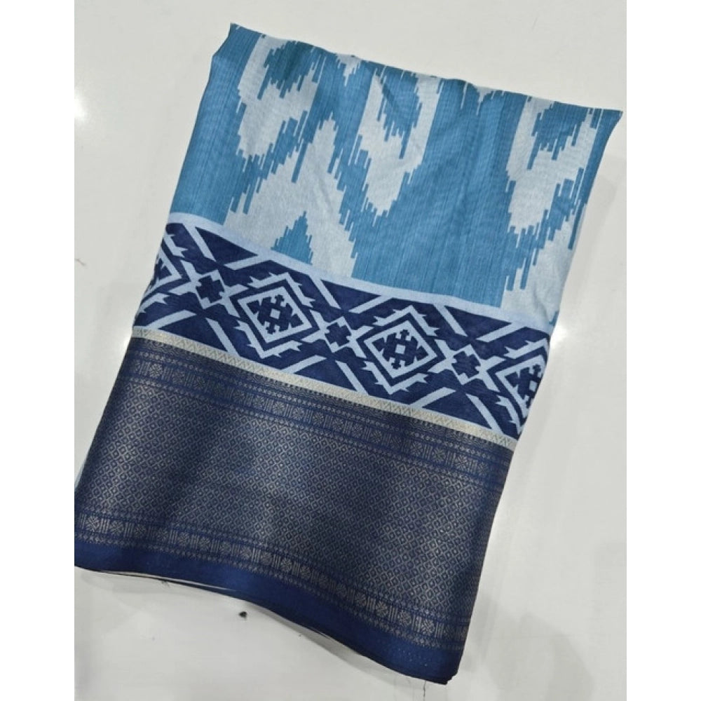 Amfyn Women's Cotton Silk Printed Saree With Unstitched Blouse 5.5Mtr (Blue)
