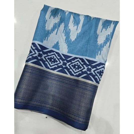 Amfyn Women's Cotton Silk Printed Saree With Unstitched Blouse 5.5Mtr (Blue)