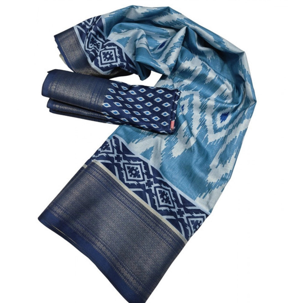 Amfyn Women's Cotton Silk Printed Saree With Unstitched Blouse 5.5Mtr (Blue)