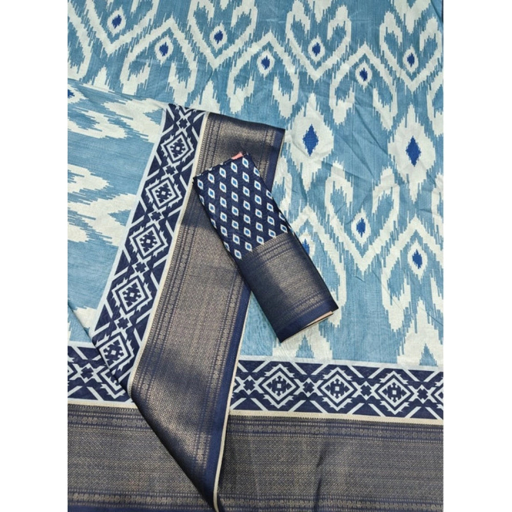 Amfyn Women's Cotton Silk Printed Saree With Unstitched Blouse 5.5Mtr (Blue)