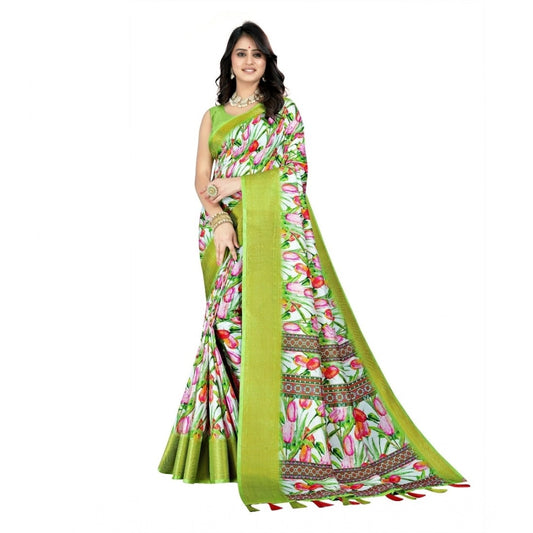 Amfyn Women's Cotton Silk Floral Printed Saree With Unstitched Blouse 5.5Mtr (Green-White)