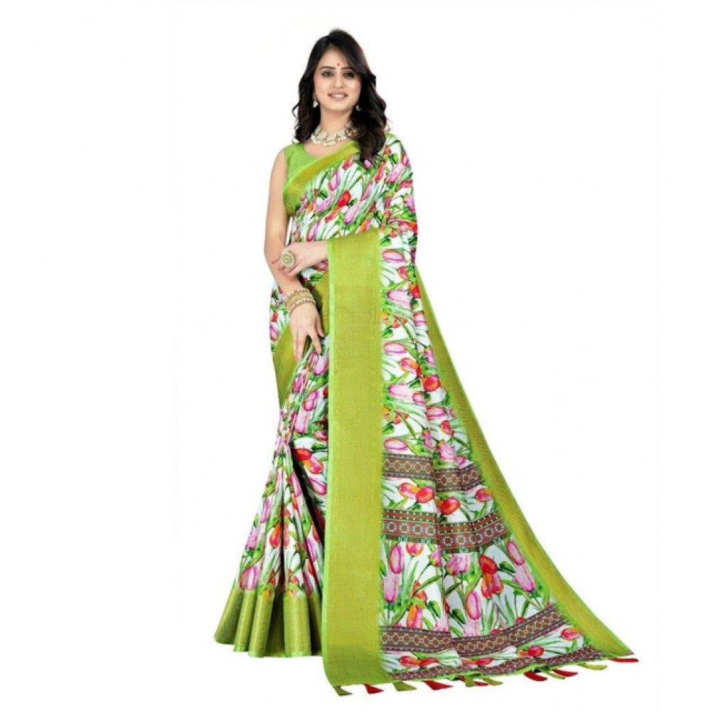Amfyn Women's Cotton Silk Floral Printed Saree With Unstitched Blouse 5.5Mtr (Green-White)