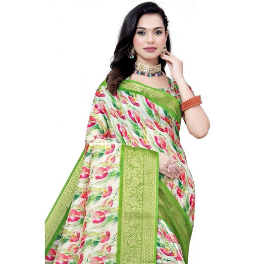 Amfyn Women's Cotton Silk Floral Printed Saree With Unstitched Blouse 5.5Mtr (Green-White)