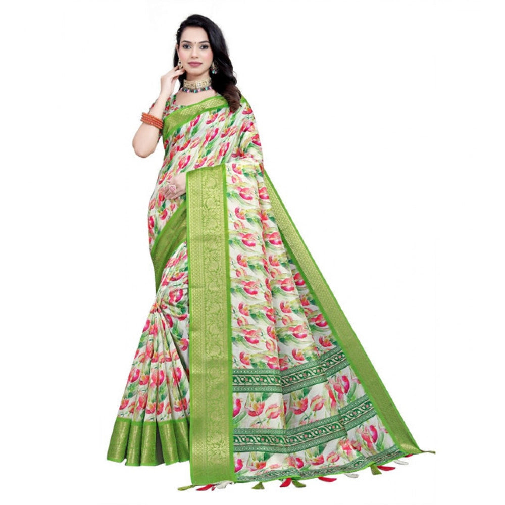 Amfyn Women's Cotton Silk Floral Printed Saree With Unstitched Blouse 5.5Mtr (Green-White)