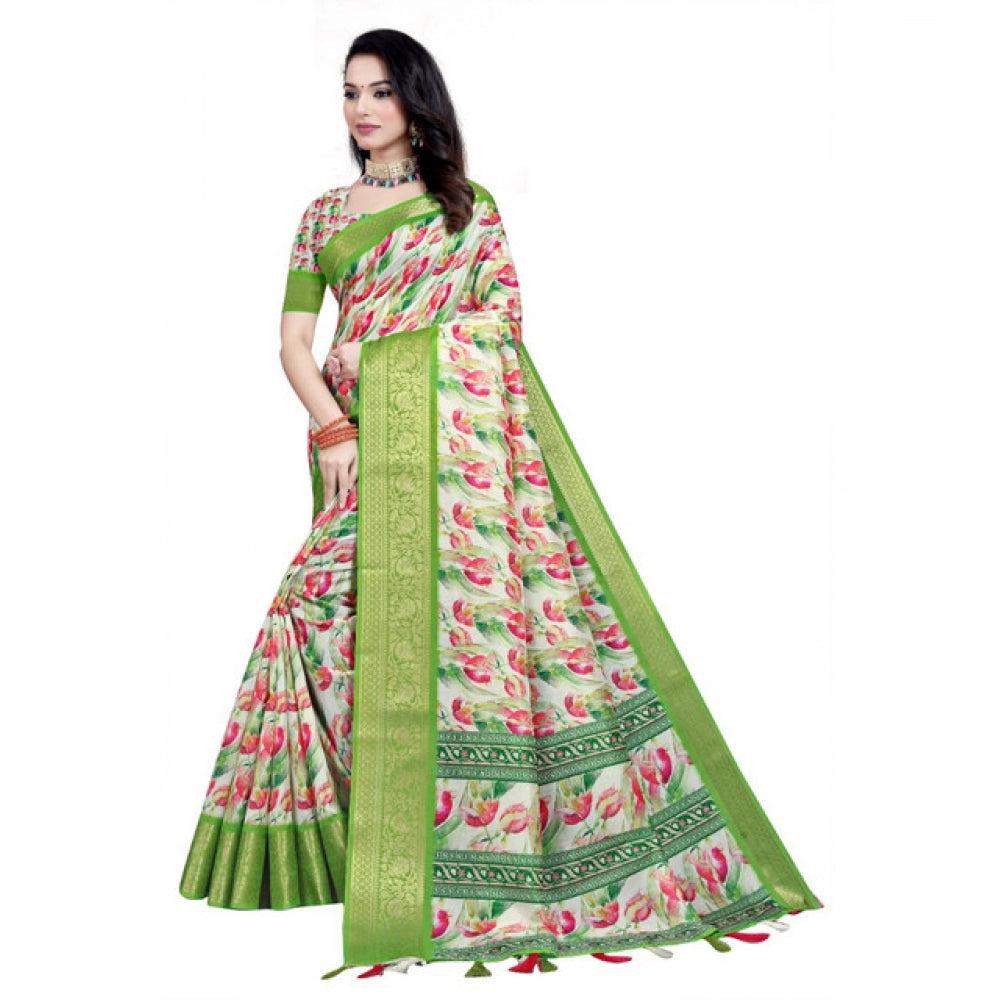 Amfyn Women's Cotton Silk Floral Printed Saree With Unstitched Blouse 5.5Mtr (Green-White)