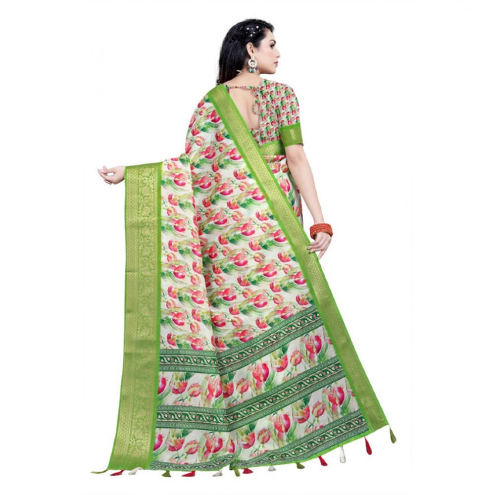 Amfyn Women's Cotton Silk Floral Printed Saree With Unstitched Blouse 5.5Mtr (Green-White)