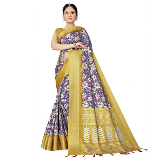 Amfyn Women's Cotton Silk Floral Printed Saree With Unstitched Blouse 5.5Mtr (Purple)