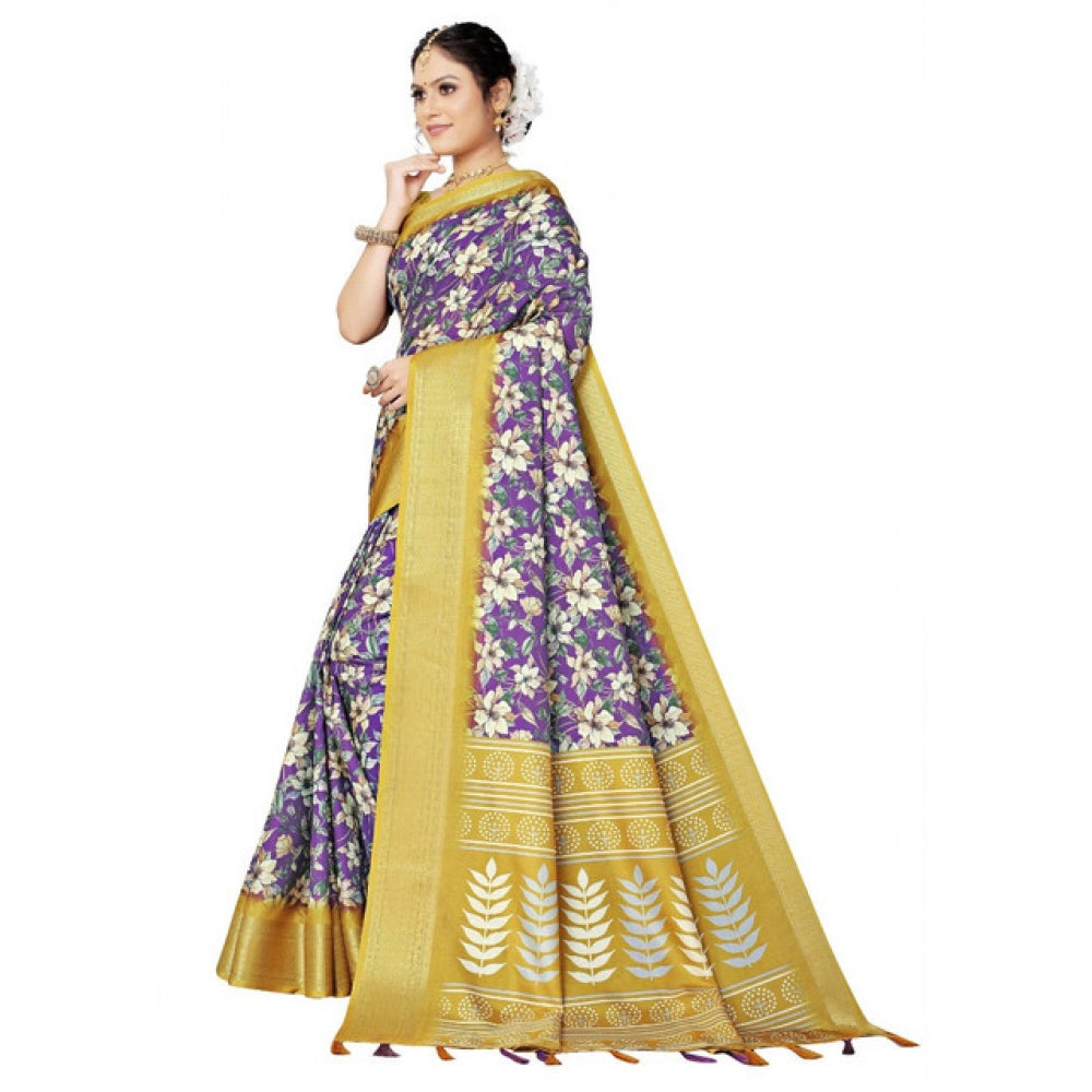Amfyn Women's Cotton Silk Floral Printed Saree With Unstitched Blouse 5.5Mtr (Purple)