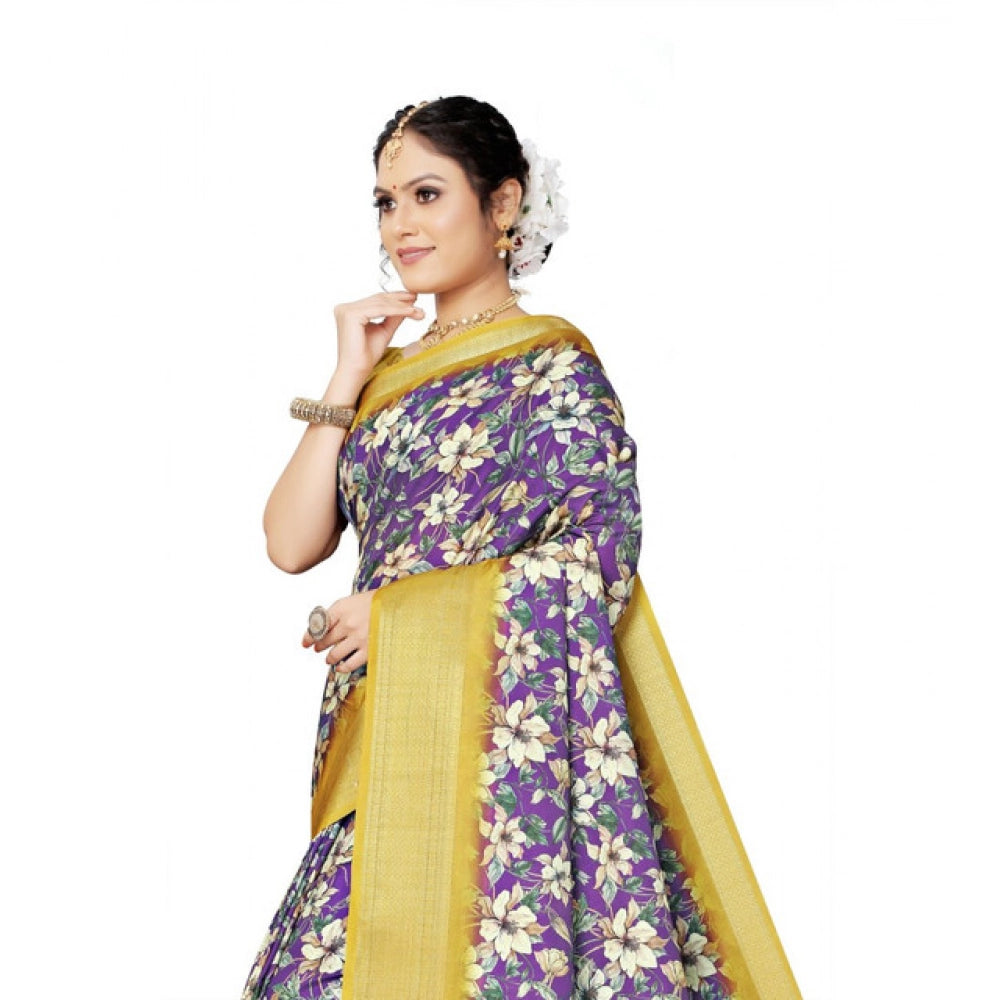 Amfyn Women's Cotton Silk Floral Printed Saree With Unstitched Blouse 5.5Mtr (Purple)