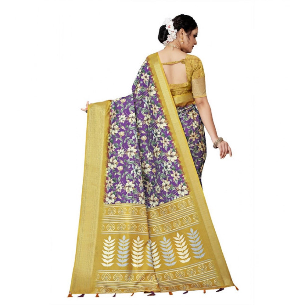 Amfyn Women's Cotton Silk Floral Printed Saree With Unstitched Blouse 5.5Mtr (Purple)