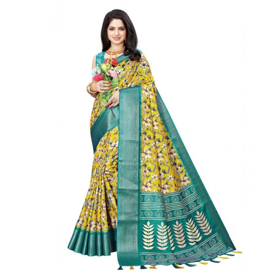 Amfyn Women's Cotton Silk Floral Printed Saree With Unstitched Blouse 5.5Mtr (Yellow)