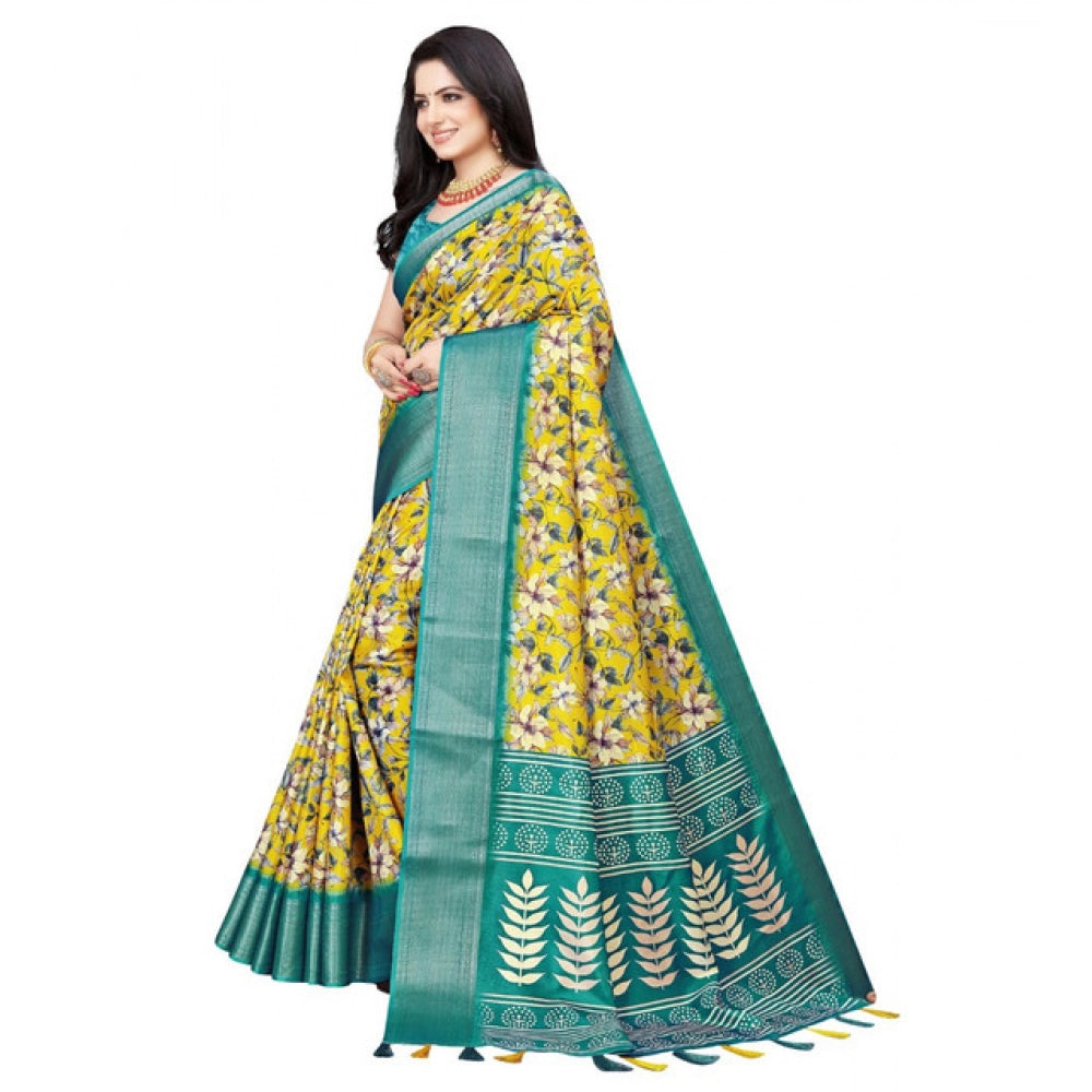 Amfyn Women's Cotton Silk Floral Printed Saree With Unstitched Blouse 5.5Mtr (Yellow)