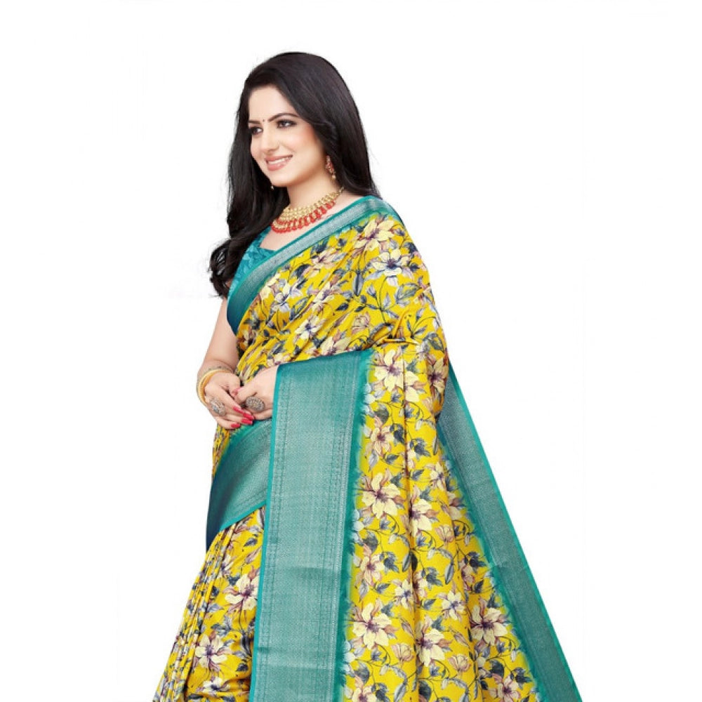 Amfyn Women's Cotton Silk Floral Printed Saree With Unstitched Blouse 5.5Mtr (Yellow)