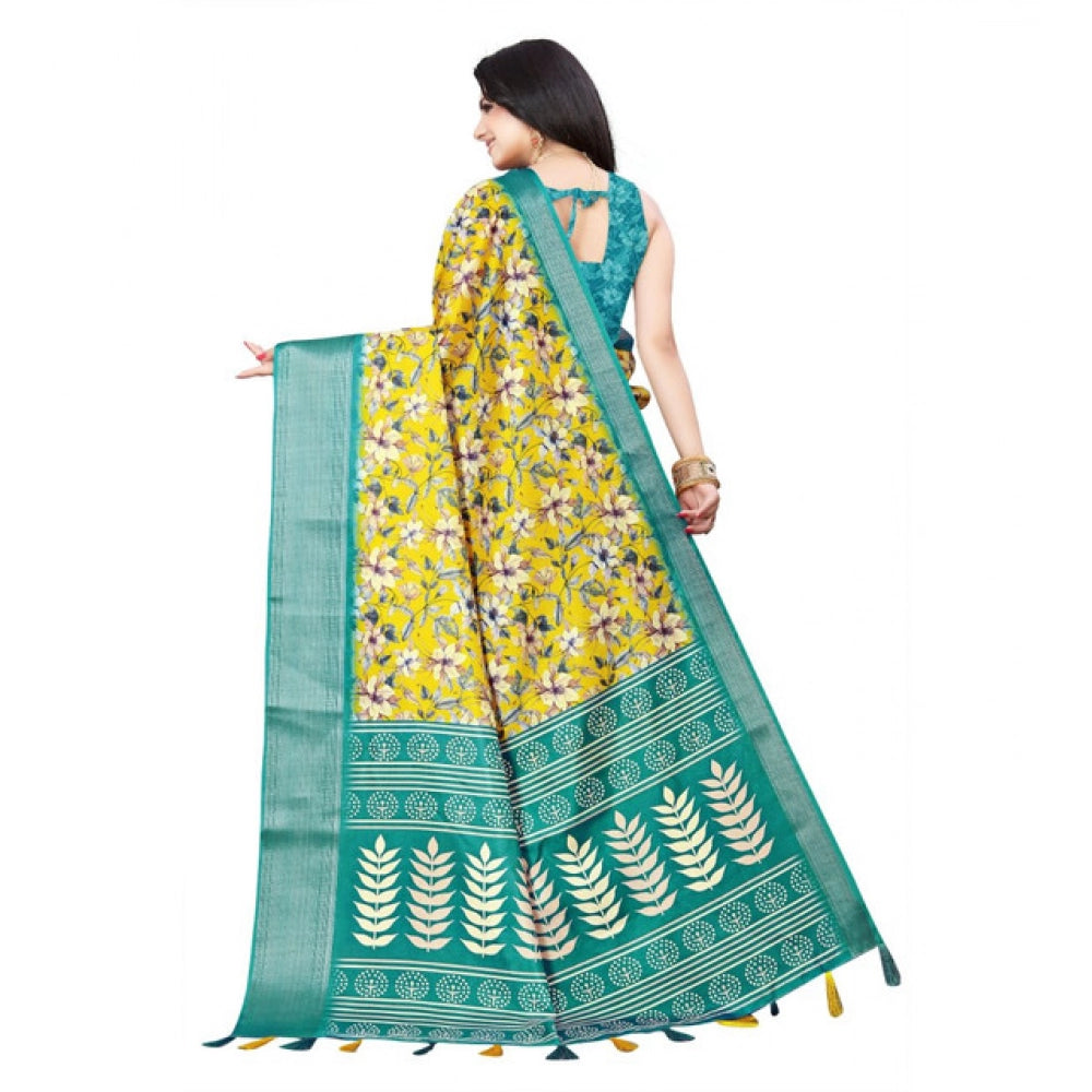 Amfyn Women's Cotton Silk Floral Printed Saree With Unstitched Blouse 5.5Mtr (Yellow)