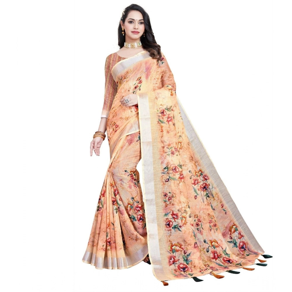 Amfyn Women's Cotton Silk Floral Printed Saree With Unstitched Blouse 5.5Mtr (Peach)