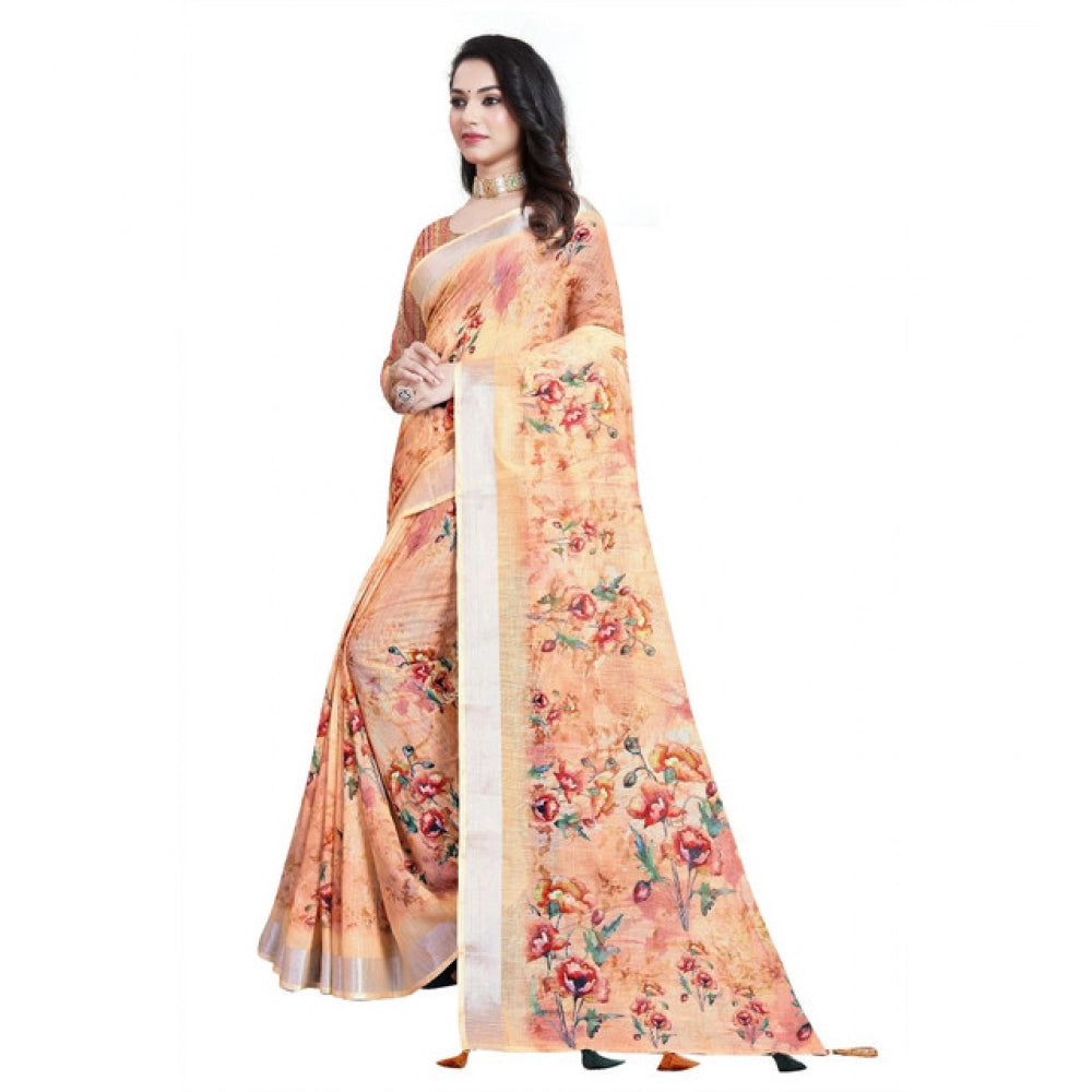 Amfyn Women's Cotton Silk Floral Printed Saree With Unstitched Blouse 5.5Mtr (Peach)