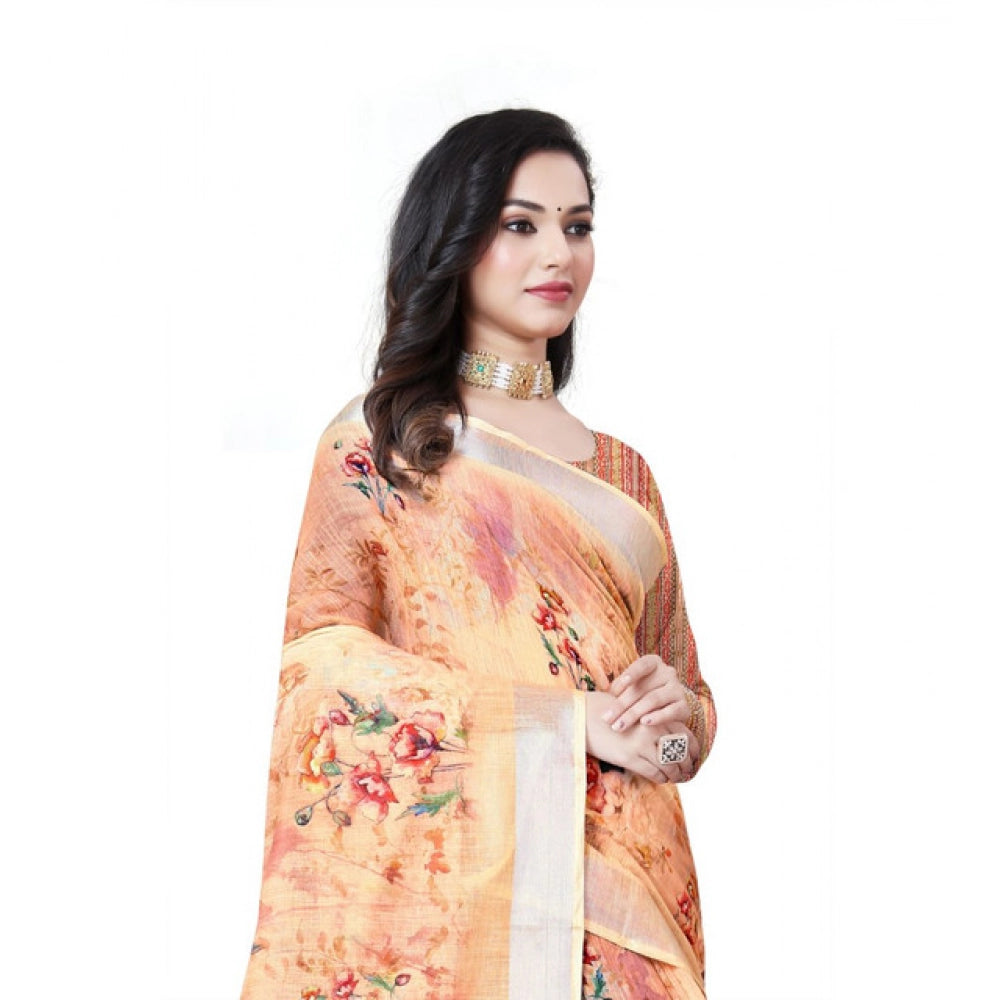 Amfyn Women's Cotton Silk Floral Printed Saree With Unstitched Blouse 5.5Mtr (Peach)