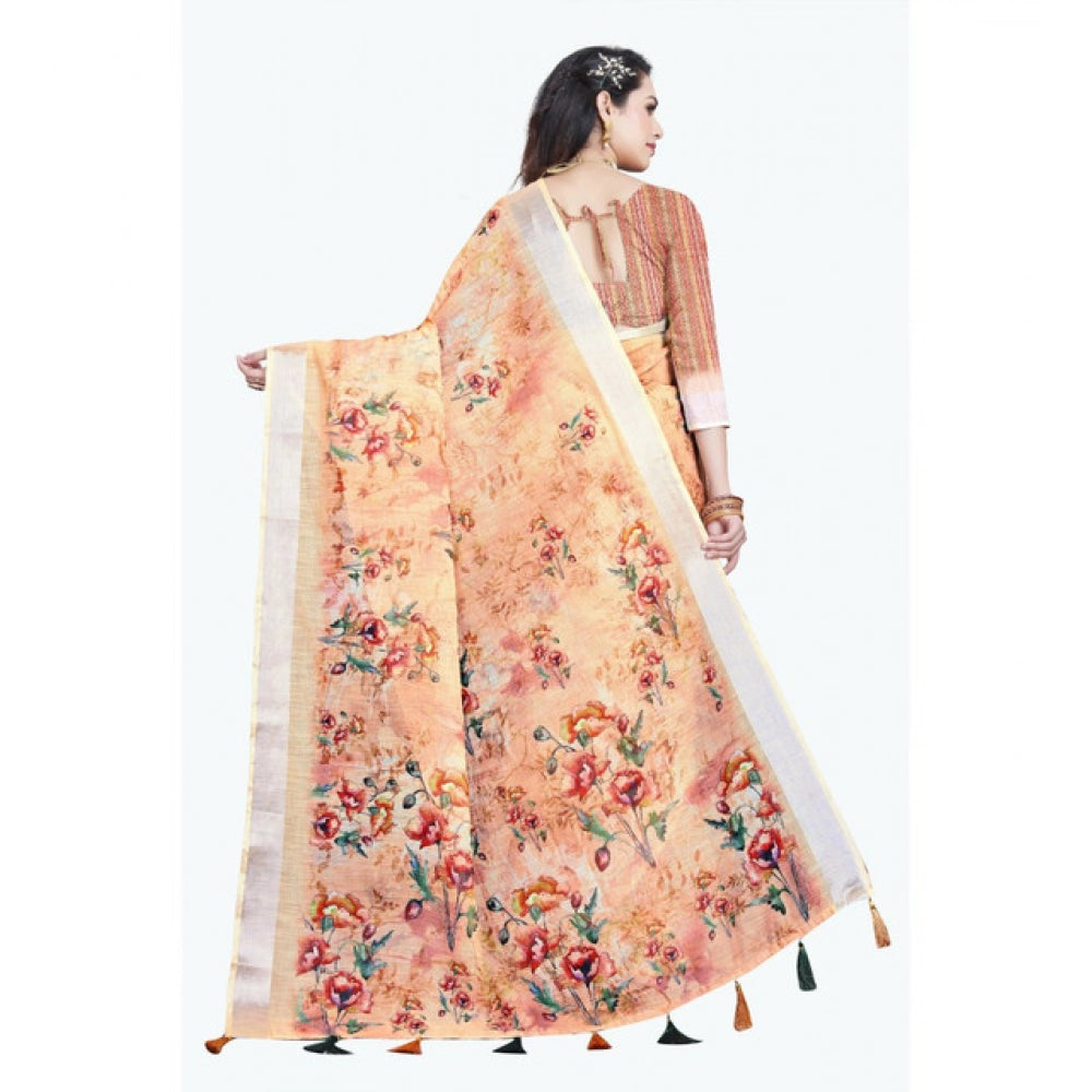 Amfyn Women's Cotton Silk Floral Printed Saree With Unstitched Blouse 5.5Mtr (Peach)