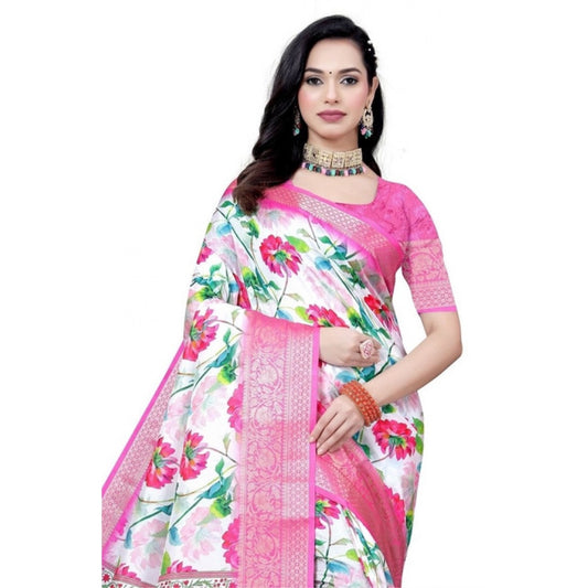 Amfyn Women's Cotton Silk Floral Printed Saree With Unstitched Blouse 5.5Mtr (Pink-White)