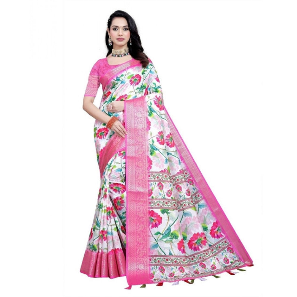 Amfyn Women's Cotton Silk Floral Printed Saree With Unstitched Blouse 5.5Mtr (Pink-White)