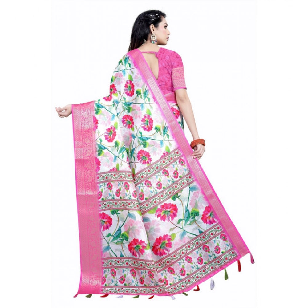Amfyn Women's Cotton Silk Floral Printed Saree With Unstitched Blouse 5.5Mtr (Pink-White)
